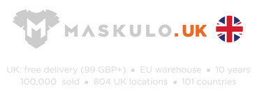 maskulo.uk logo and text in British English about the 99 GBP threshold for free delivery, shipping from the EU stockroom and that for 10 years more than 100 thousand purchases were delivered to 804 towns and cities in the UK and 101 countries of the world