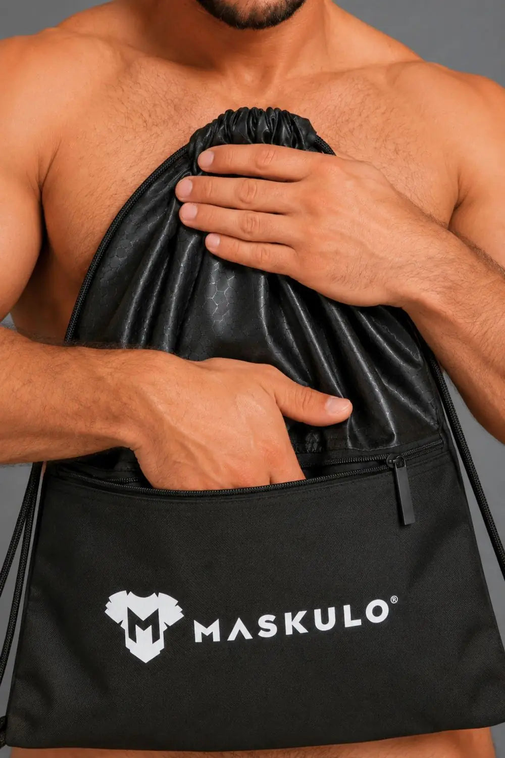 Black Maskulo fetish drawstring bag for "puppies" and leather fans, 100% polyester backpack with zipper pockets