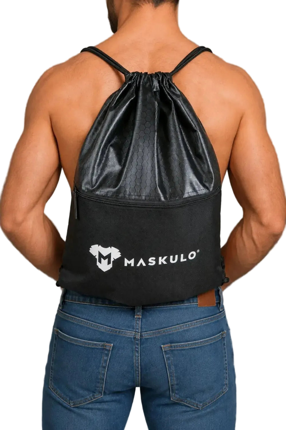 Maskulo Black Drawstring Bag/Backpack, 100% polyester, 34x43 cm (13x16 in), with external and internal zippered pockets.