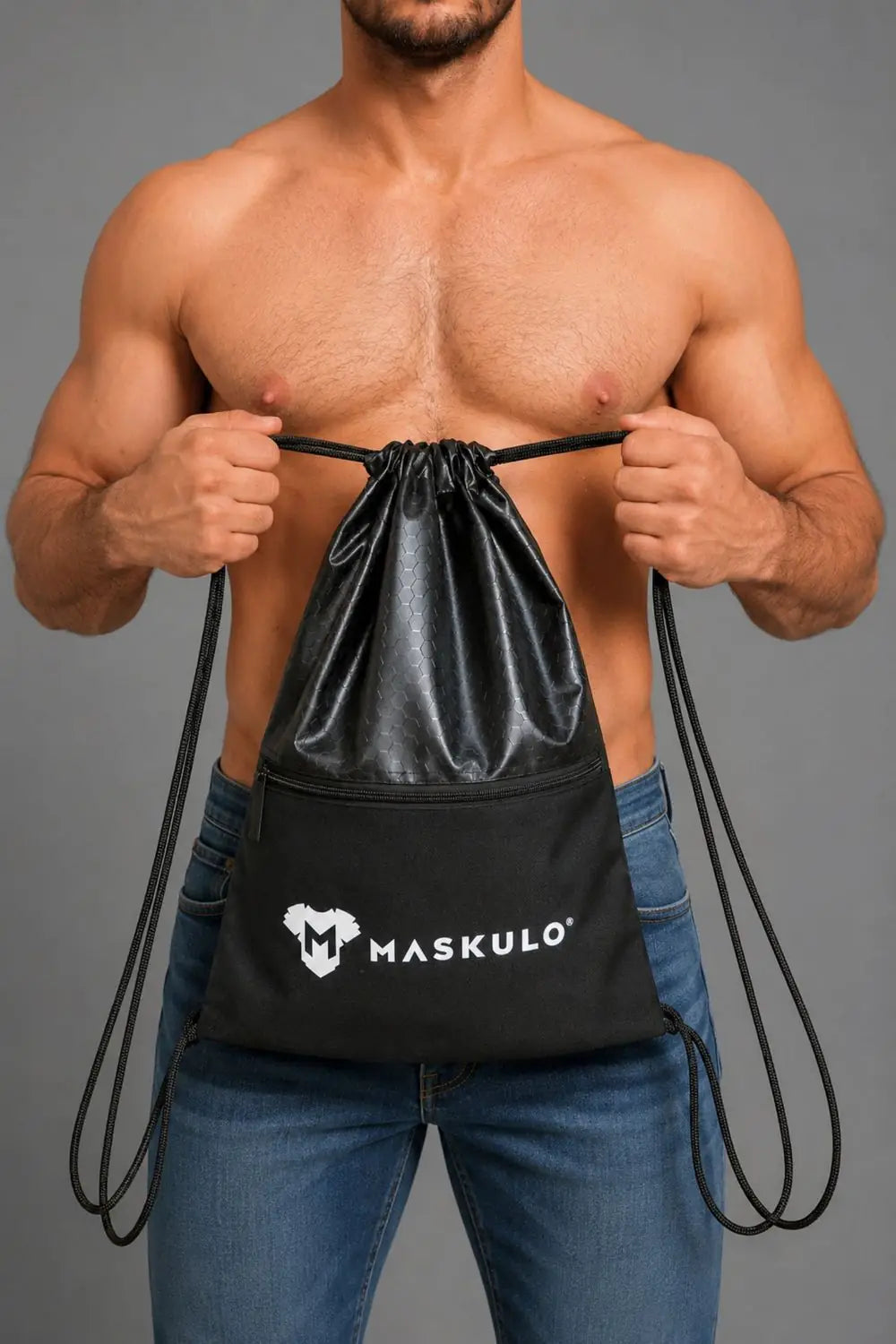 Maskulo Drawstring Bag (MBG112) for gym or travel, black color, featuring the Maskulo logo, durable and lightweight.