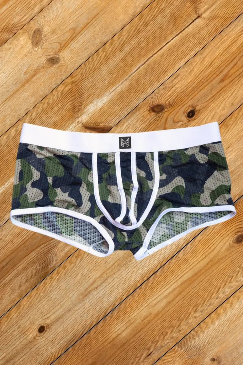 Maskulo Rook Steelguard Mesh Trunks, white camouflage, size L. Durable, comfortable, mesh underwear for men.
