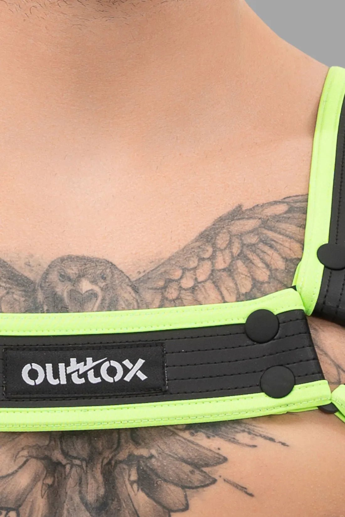 Outtox Bulldog Harness with Snaps in Black and Neon Green from Maskulo Global (EU) online Store. Durable harness accessory.