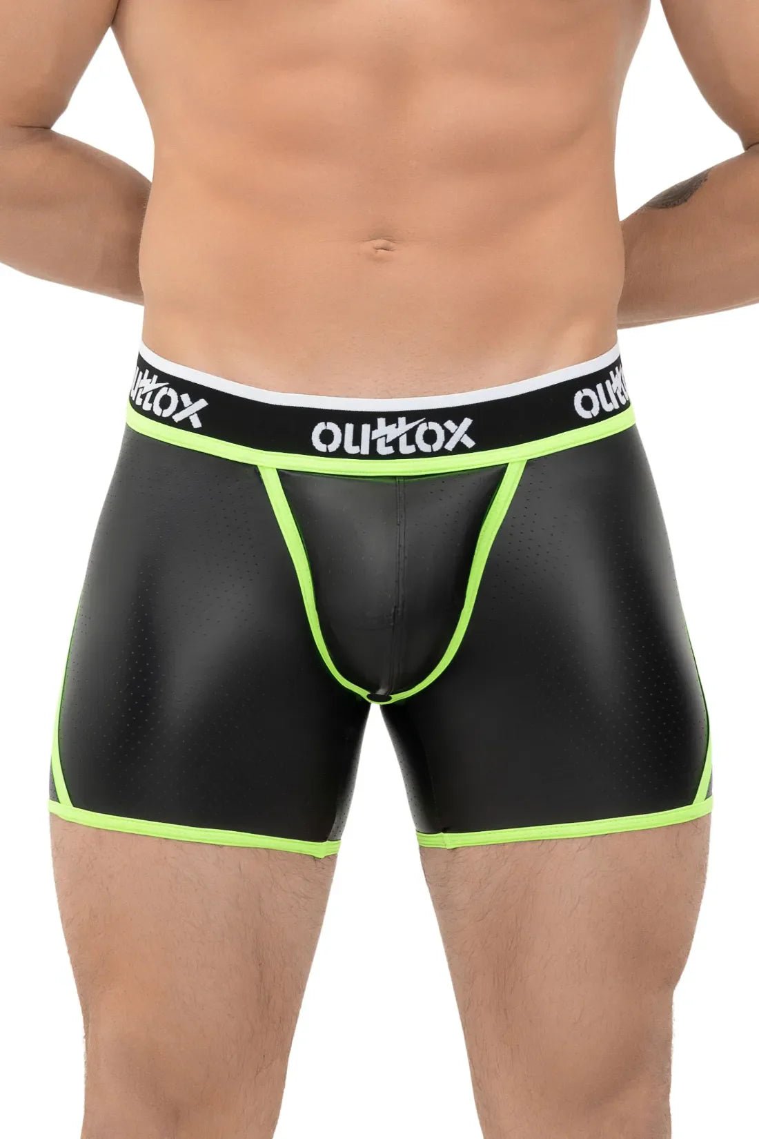 Outtox Black/Green Open Rear Shorts with Snap Codpiece. Polyester/PU eco leather blend for comfort & durability. Style XSH107.