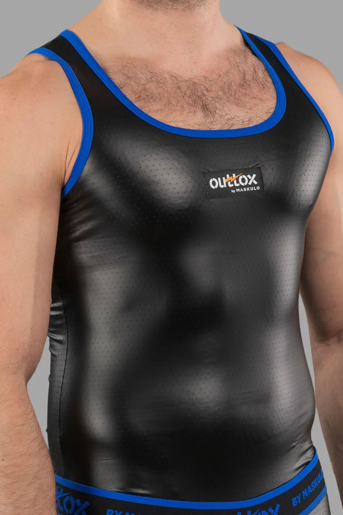 Outtox by Maskulo Black and Blue tight fit tank top. Features perforated PU eco leather, stretchable material, and a PVC logo.