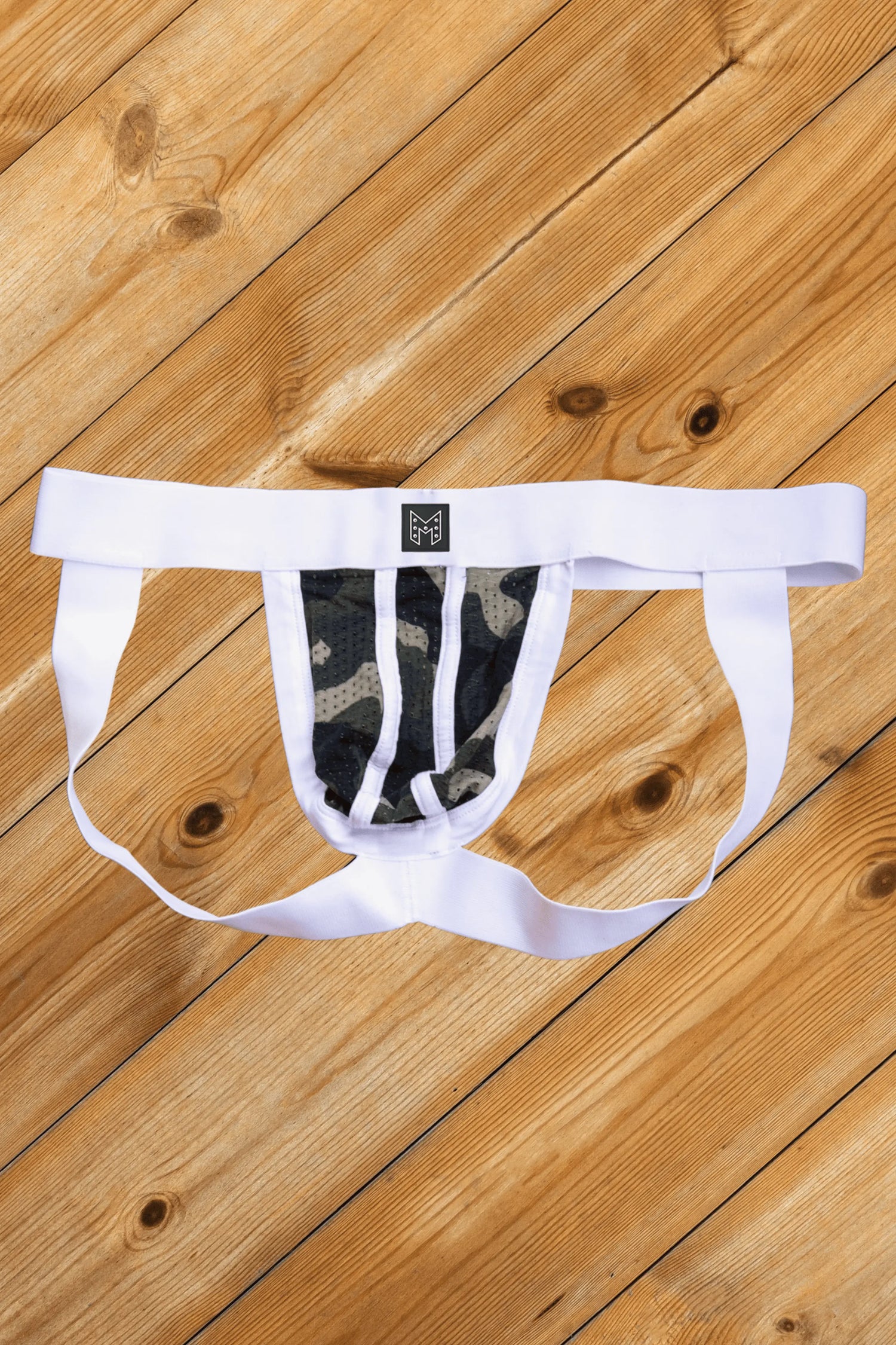 Kyle Steelguard Mesh-jockstrap. Camouflage + Wit