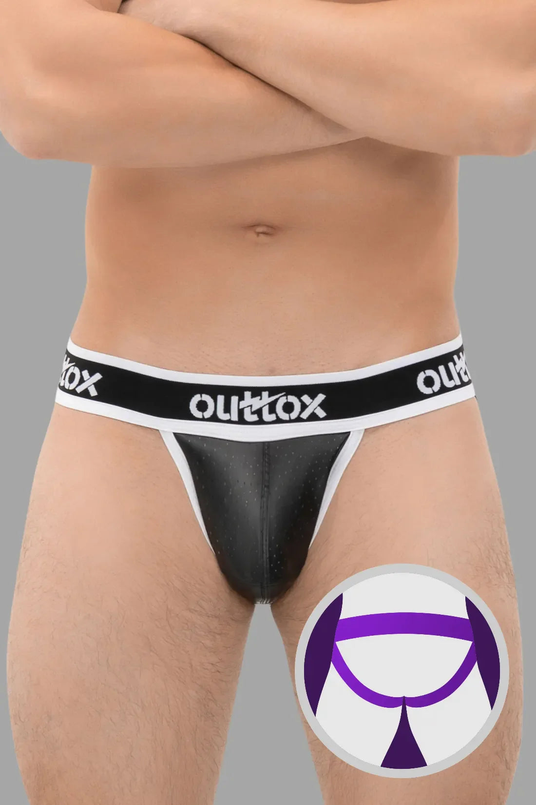 Outtox. Jock mit Druckknopf-Schamkapsel. Schwarz und Weiß