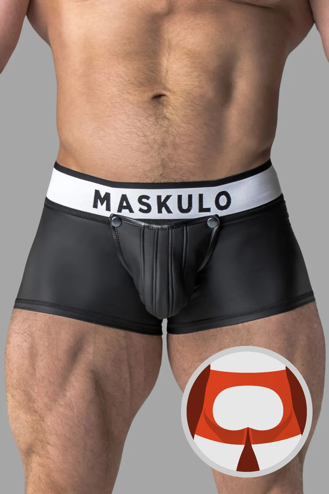 Armored. Trunkshort met rubberen look. Afneembaar zakje. Open achterkant. Zwart