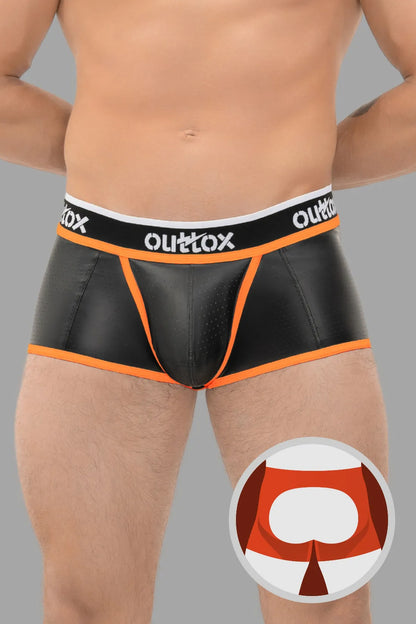 Outtox. Pantalones cortos con parte trasera abierta y bragueta a presión. Negro+Naranja