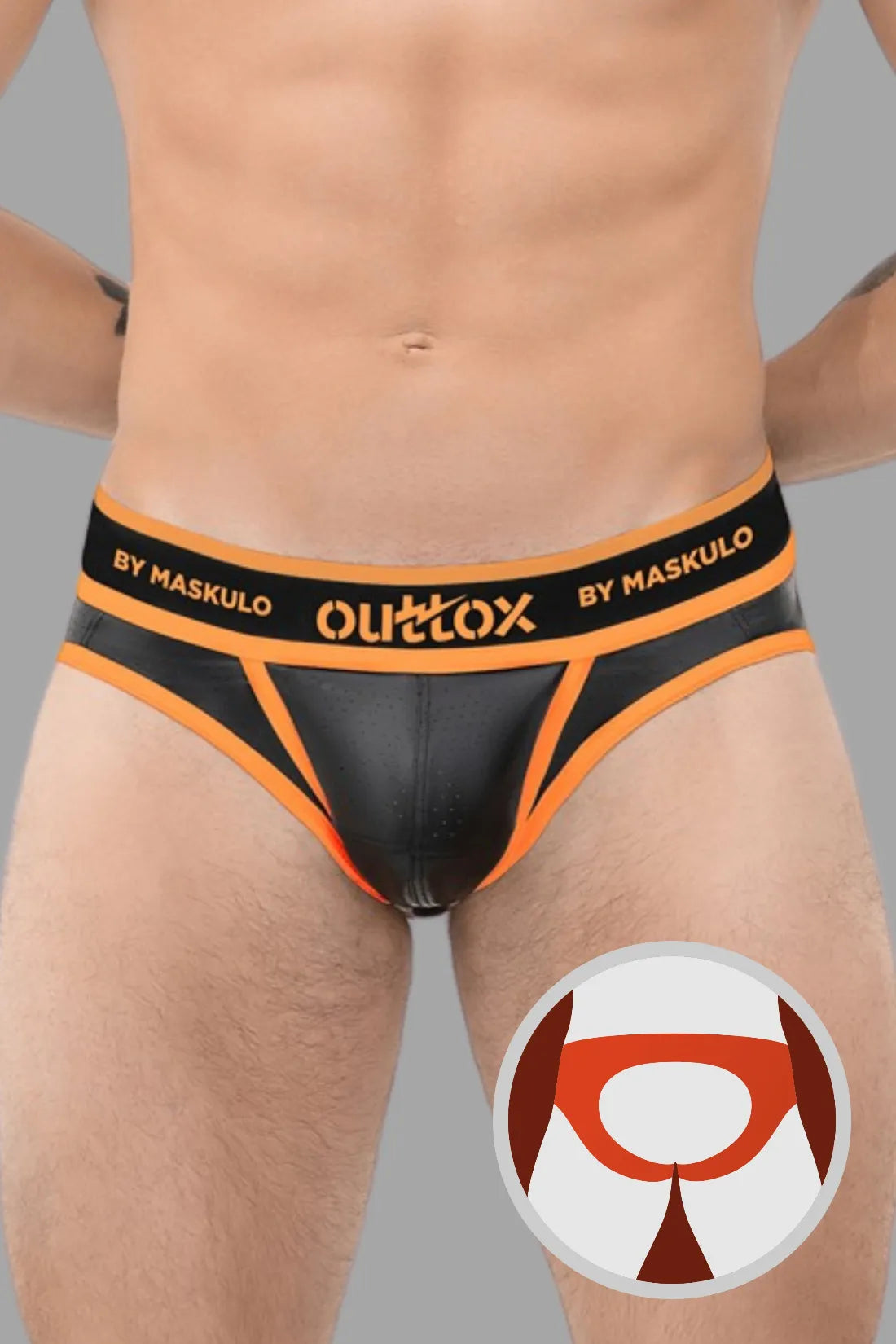 Outtox by Maskulo. Open Rear Briefs with Snap Codpiece. Orange &