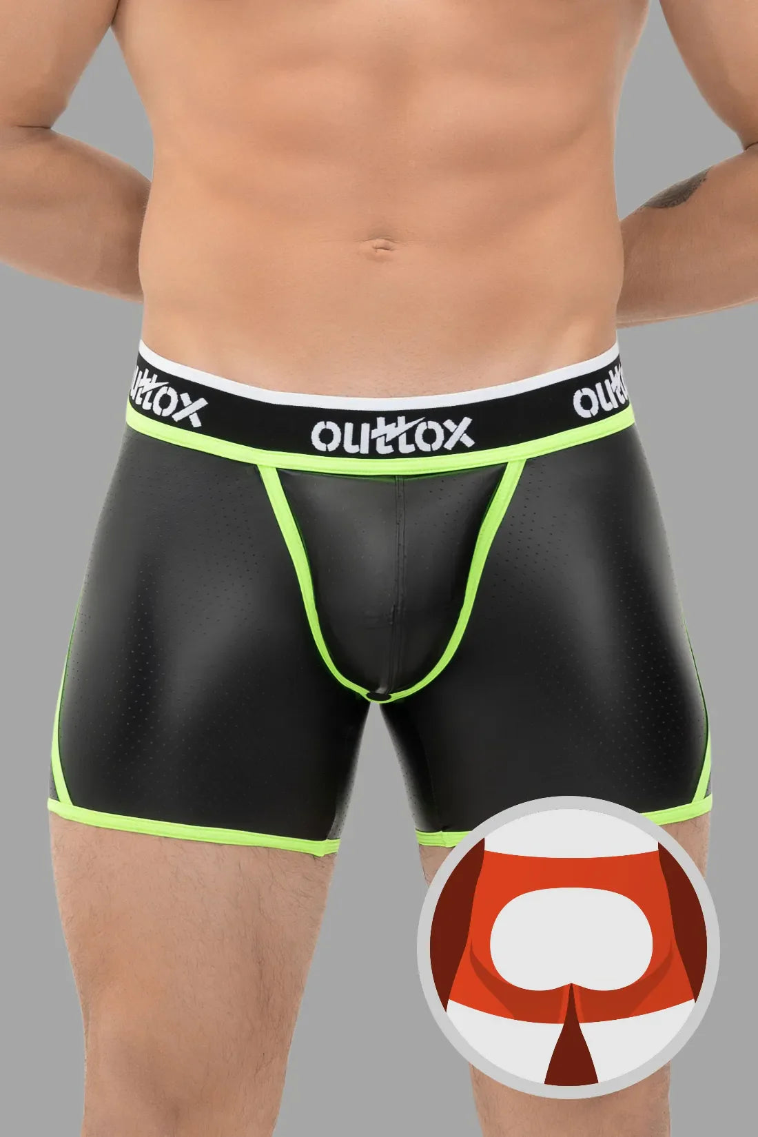 Outtox. Pantalones cortos traseros abiertos con bragueta a presión. Negro+Verde &