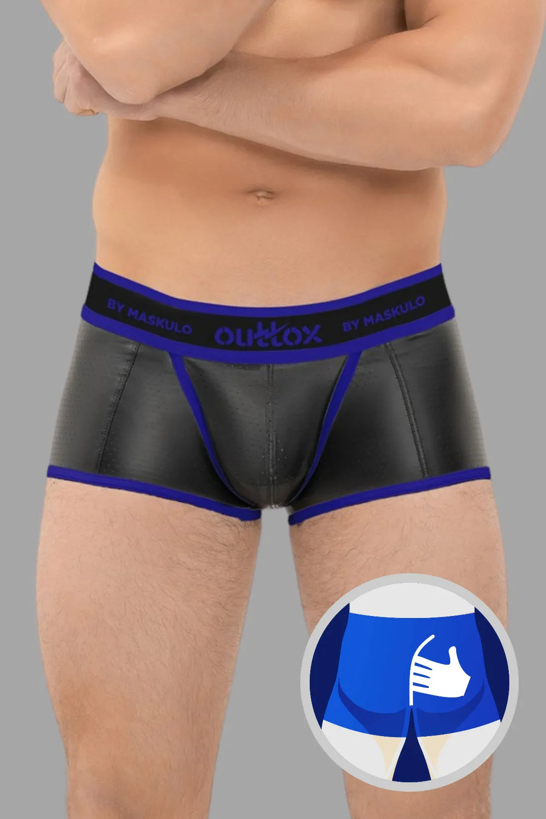 Outtox. Wrapped Rear Trunk Shorts with Snap Codpiece. Black and Blue