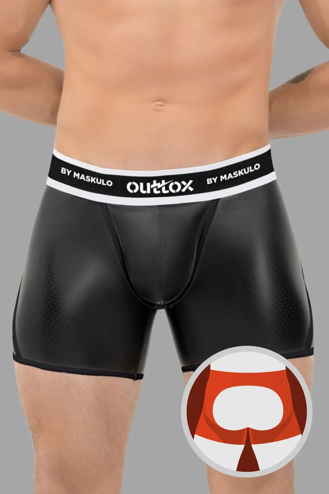 Outtox. Shorts mit offenem Rücken und Druckknopf-Codpiece