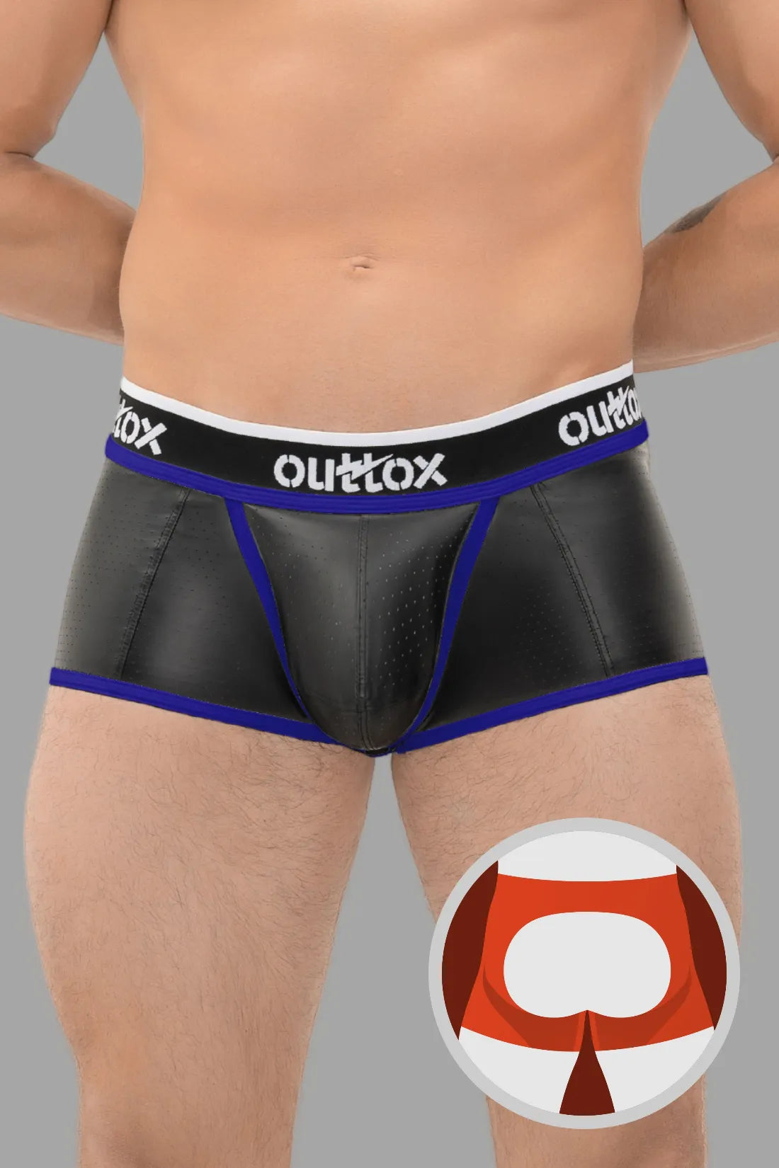 Outtox. Open Rear Trunk Shorts with Snap Codpiece. Black and Blue &