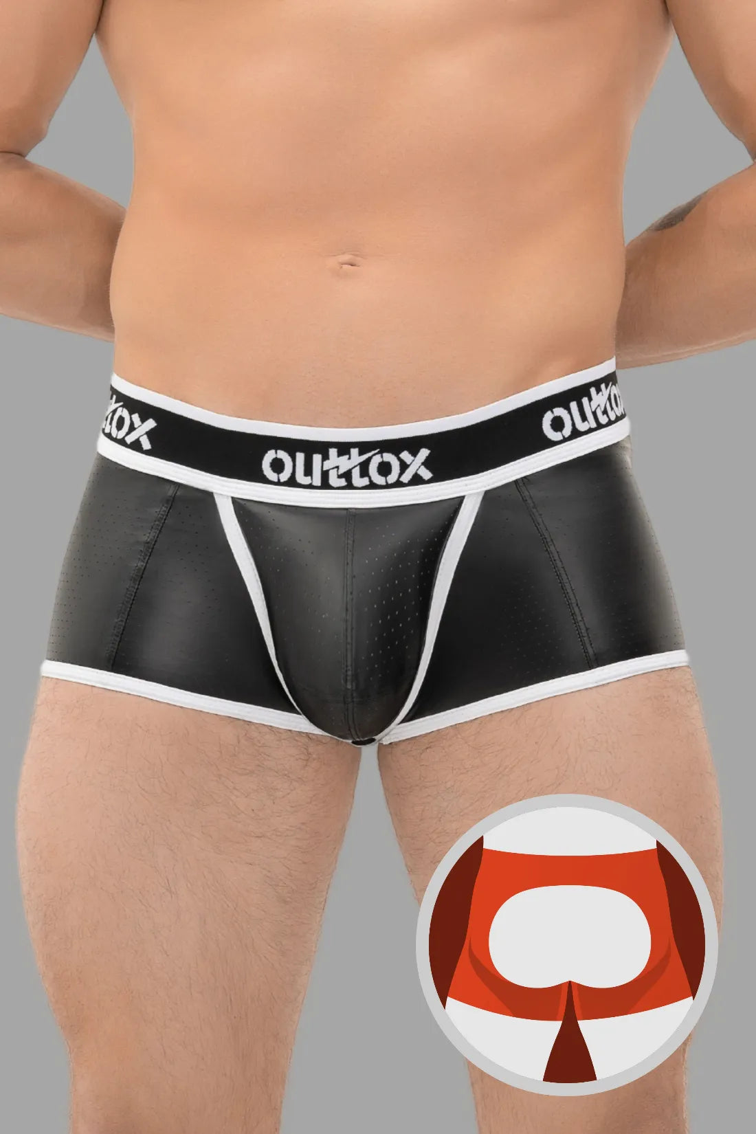 Outtox. Short de coffre ouvert avec braguette à boutons-pression. Noir et blanc