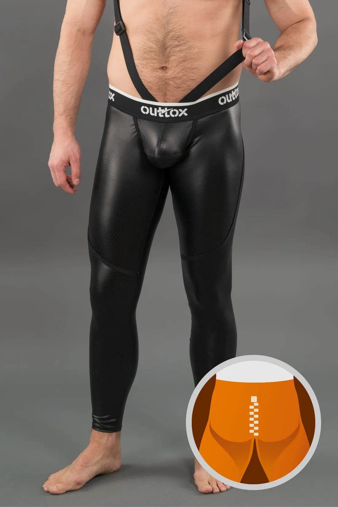 Outtox. Leggings mit Reißverschluss hinten und Druckknopf-Codpiece. Schwarz