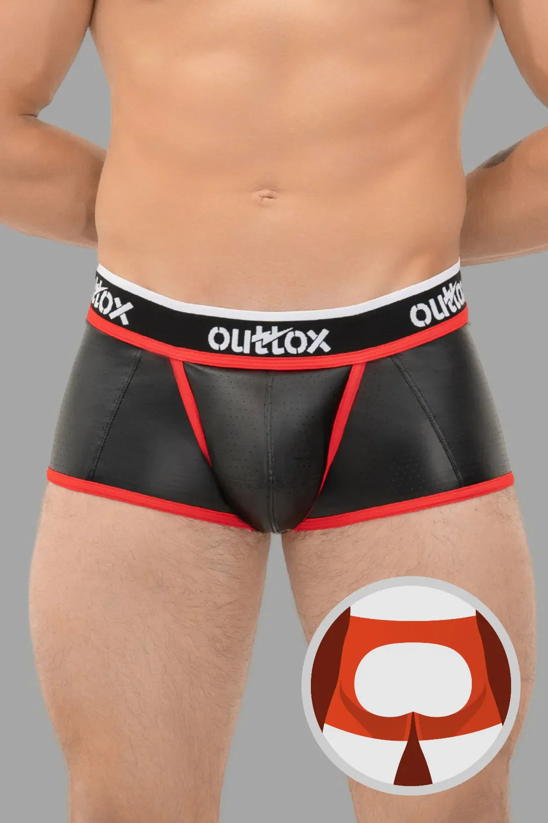 Outtox. Short de coffre arrière ouvert avec braguette à boutons-pression. Noir et rouge