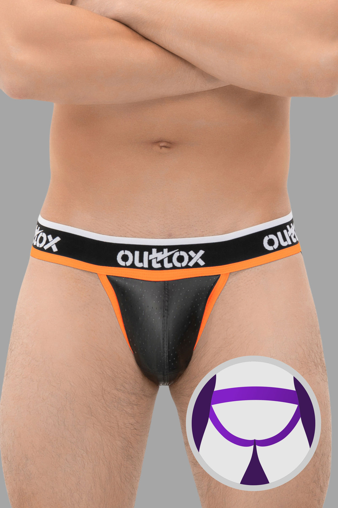 Outtox. Jock mit Druckknopf-Codpiece. Schwarz+Orange