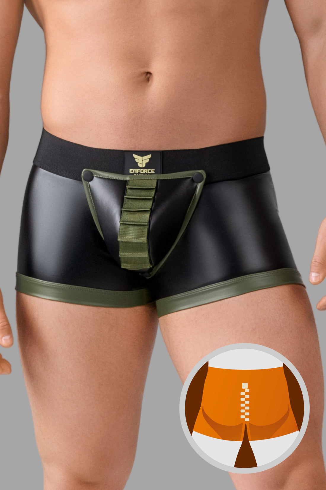 Codpiece-Shorts mit Reißverschluss hinten, Shot-Gürtel. Schwarz