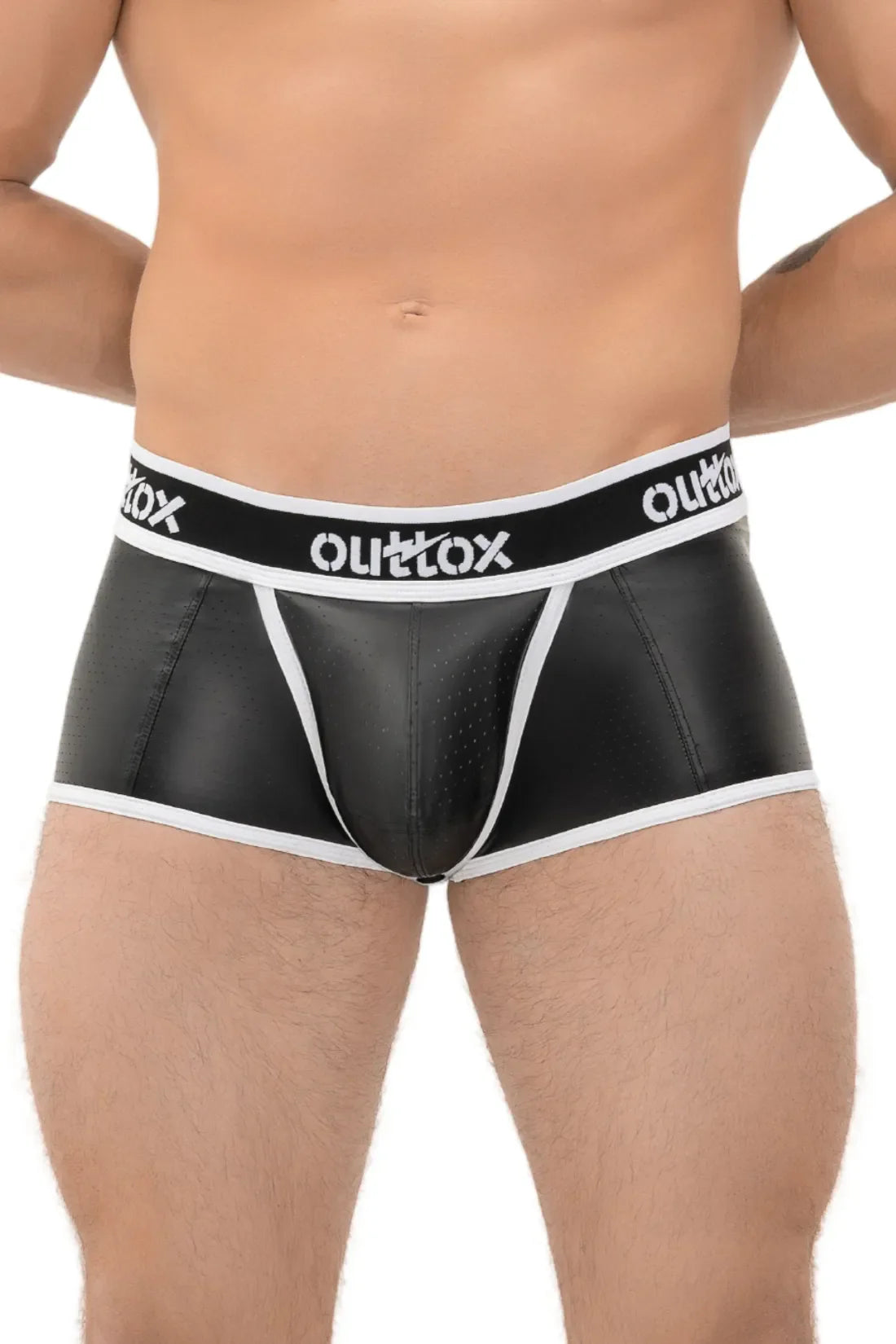 Outtox. Shorts mit offenem Rücken und Druckknopf-Codpiece. Schwarz und Weiß