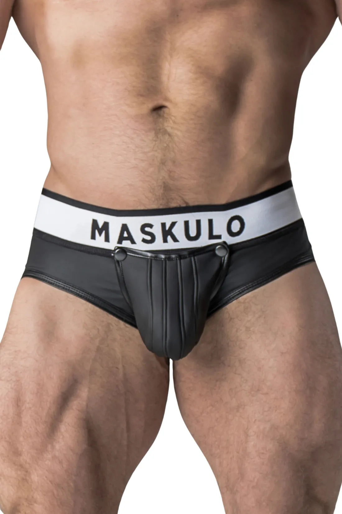 Armored. Rubber look Briefs. Detachable pouch. Open rear. Black