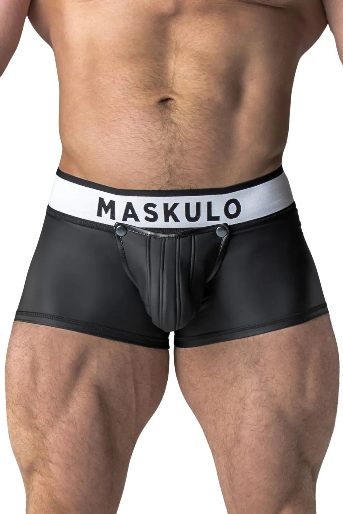 Armored. Trunkshort met rubberen look. Afneembaar zakje. Open achterkant. Zwart