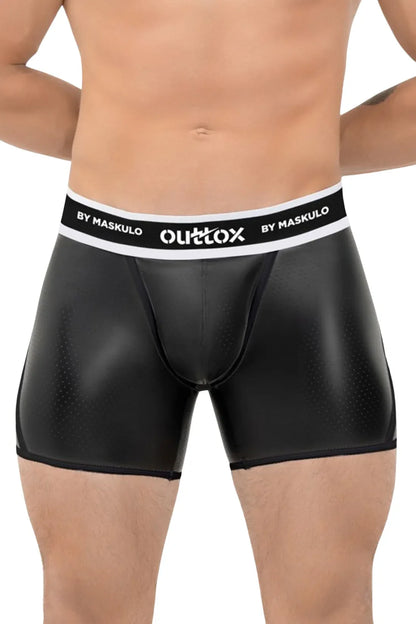 Outtox. Shorts mit offenem Rücken und Druckknopf-Codpiece