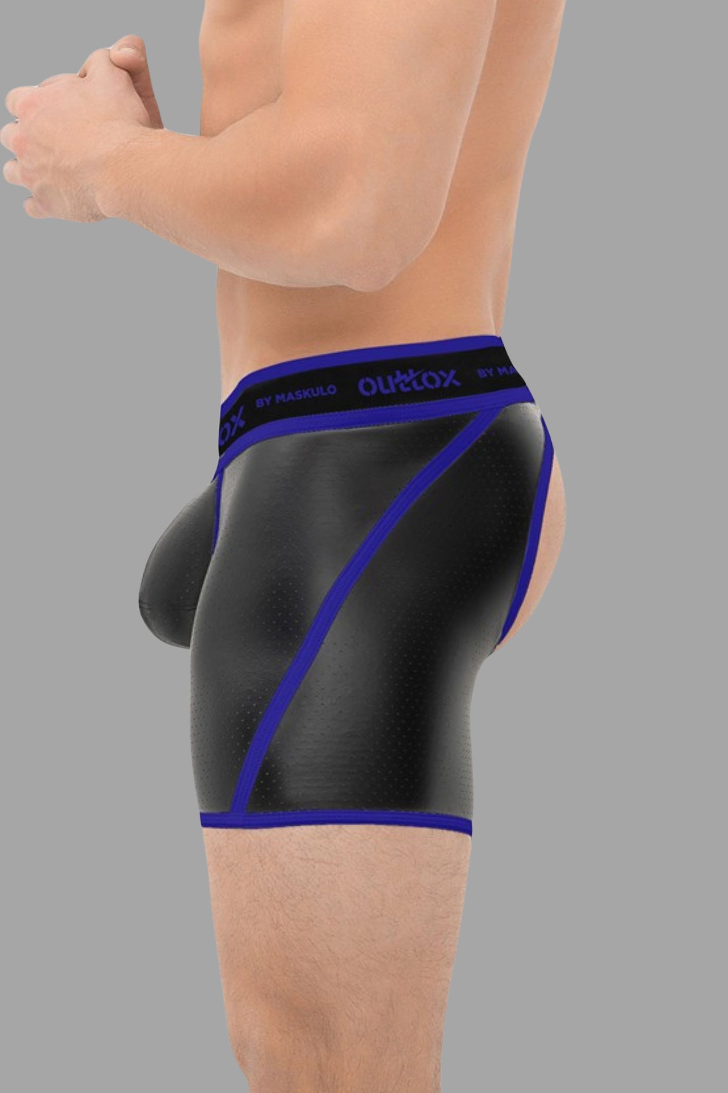 Outtox. Open Rear Shorts with Snap Codpiece. Blue