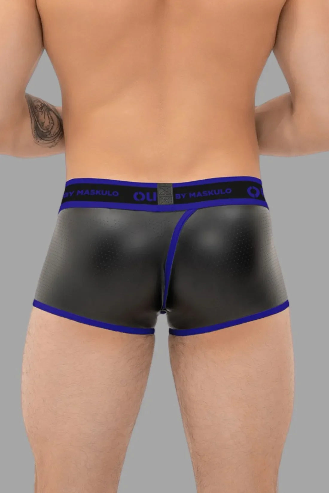 Outtox by Maskulo. Wrapped Rear Trunk Shorts with Snap Codpiece. Black and Blue