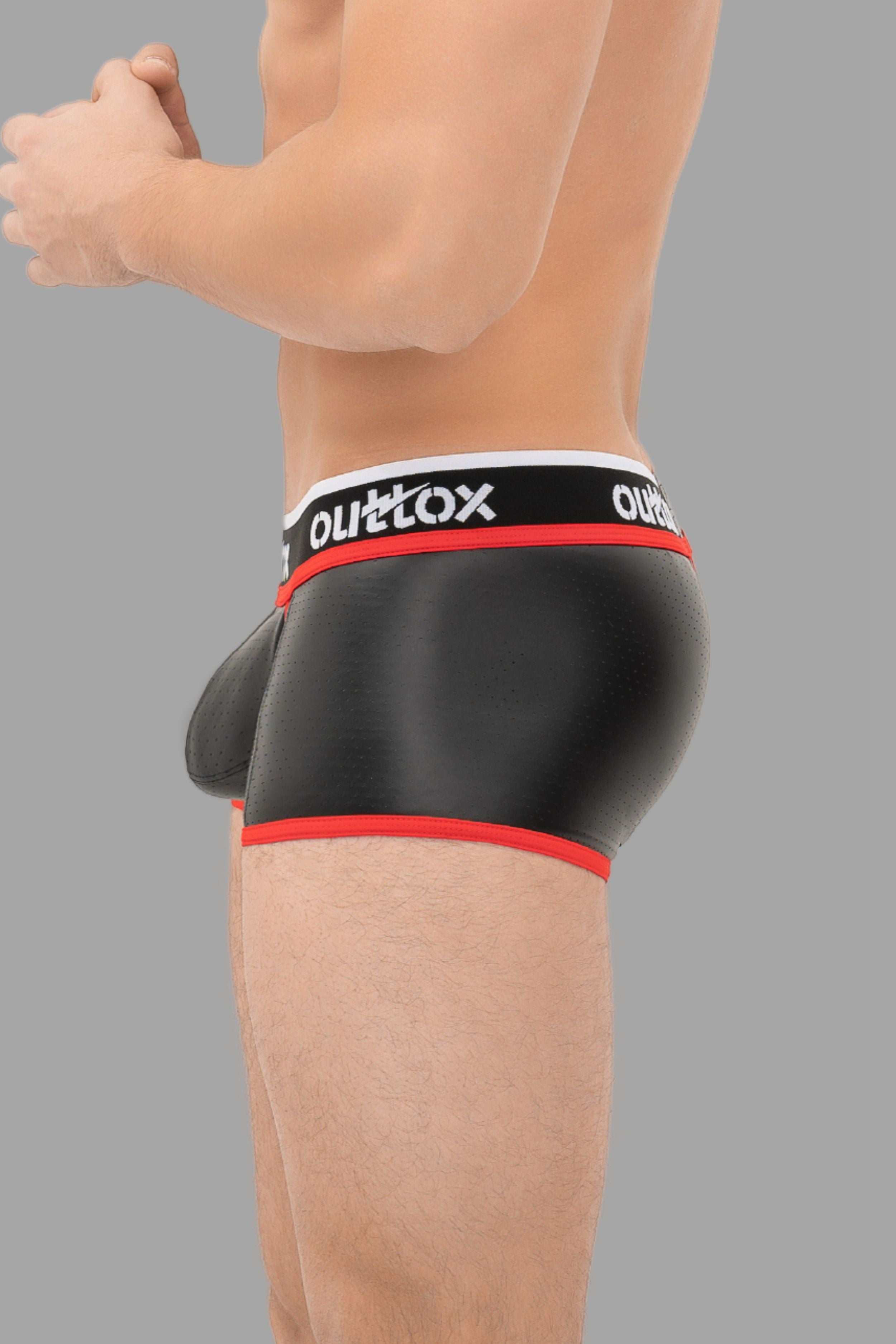 Outtox. Pantalones cortos traseros envueltos con bragueta a presión. Negro+rojo