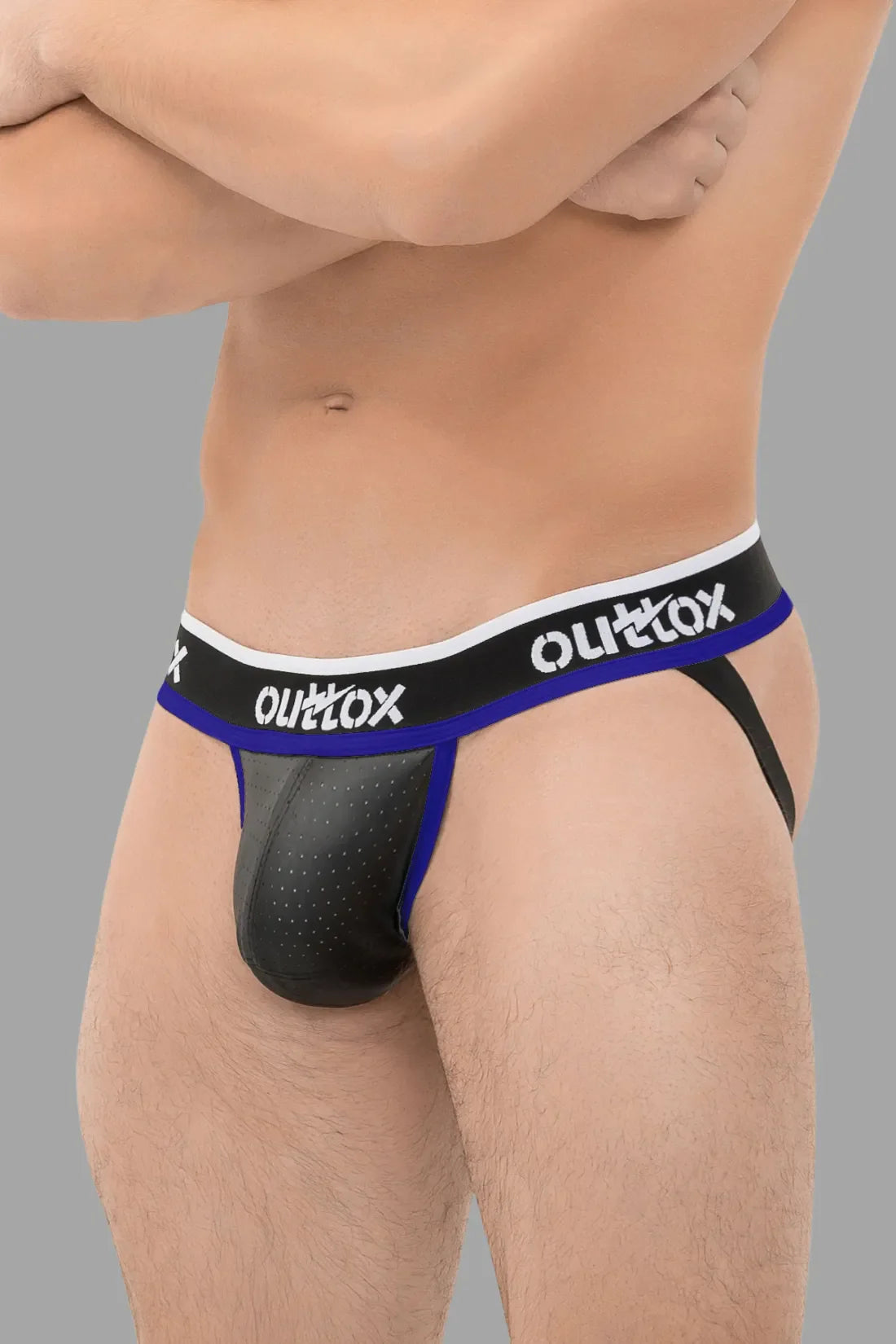 Outtox. Jock mit Druckknopf-Schamkapsel. Schwarz und Blau &