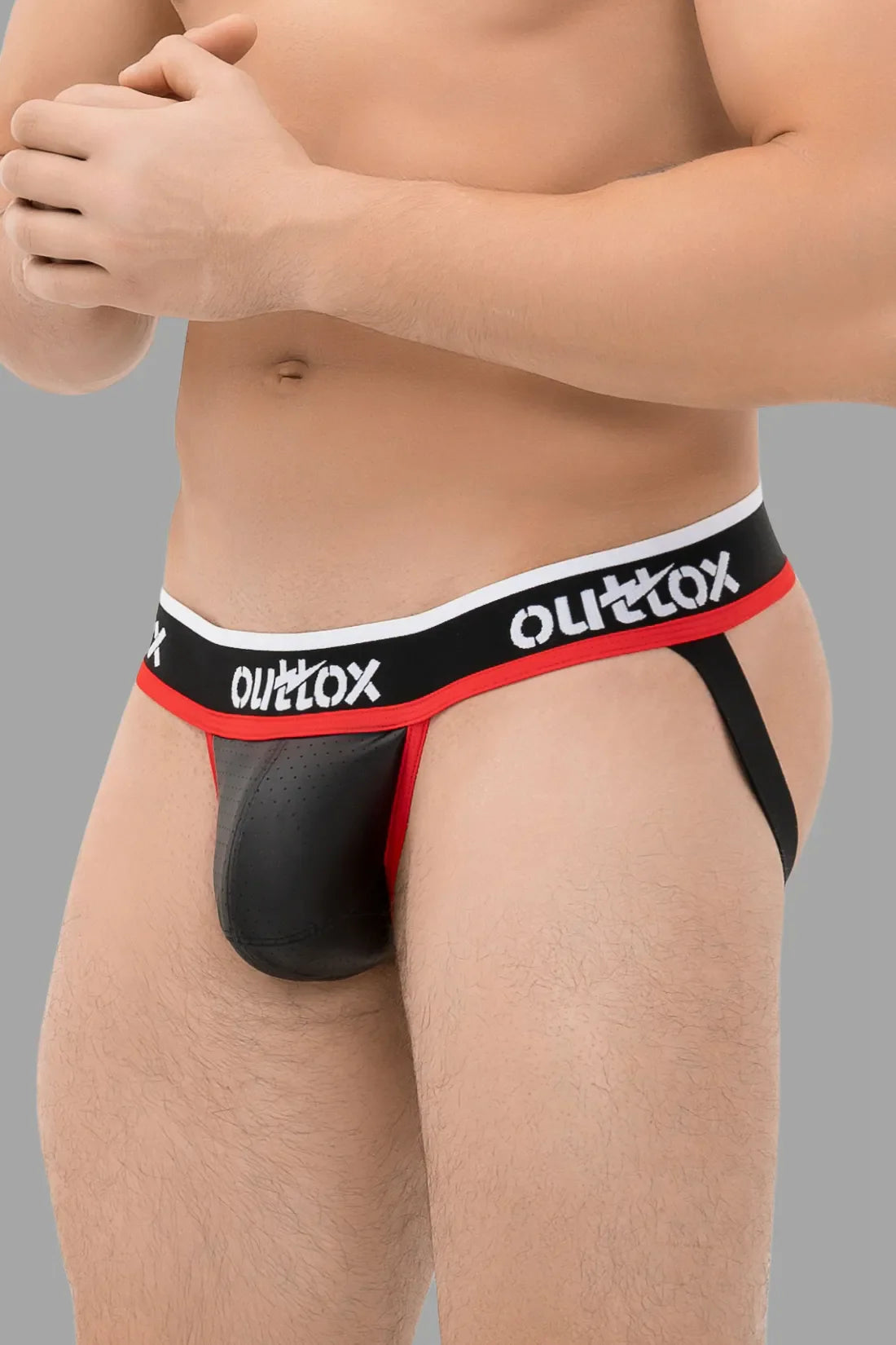 Outtox. Jock avec braguette à boutons-pression. Noir et rouge