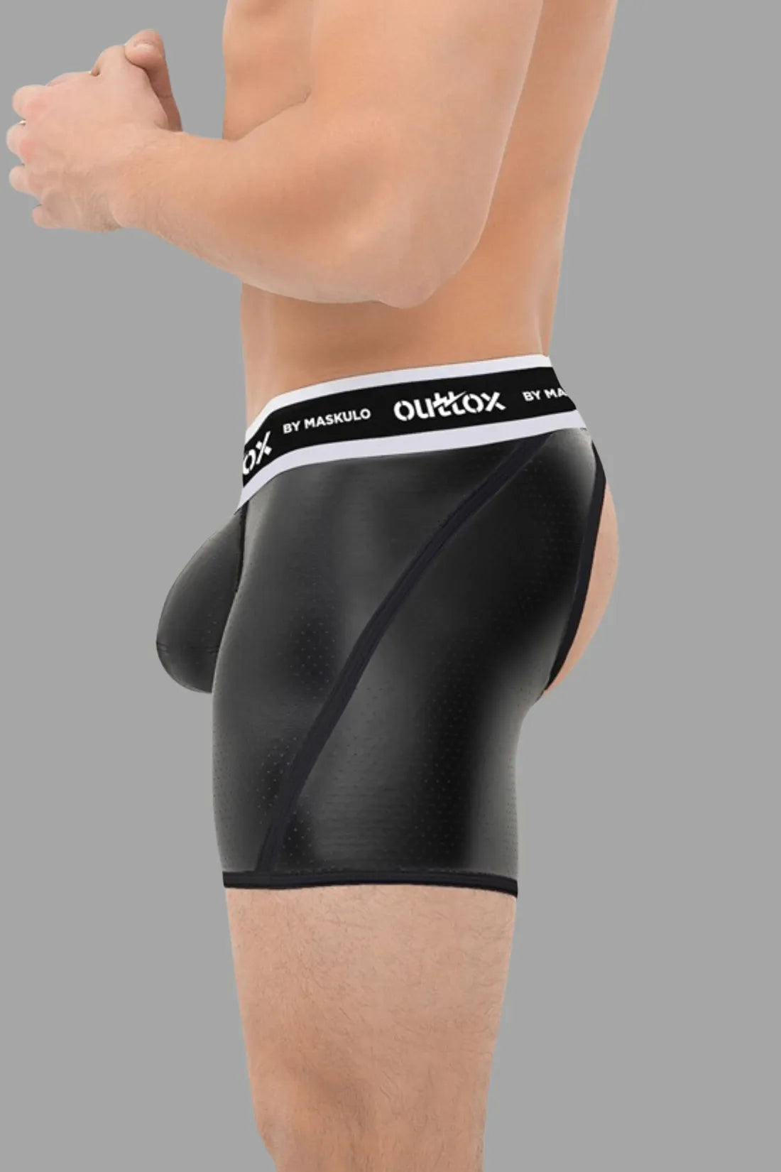 Outtox. Short arrière ouvert avec Snap Codpiece. Noir