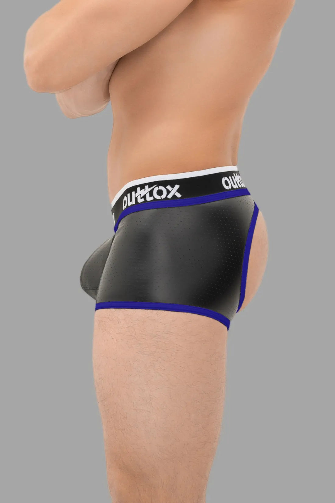 Outtox. Shorts mit offenem Rücken und Druckknopf-Schamkapsel. Schwarz und Blau „Royal“