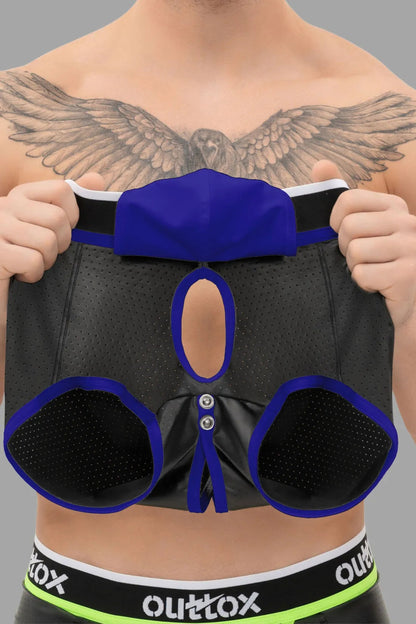 Outtox. Wrapped Rear Trunk Shorts with Snap Codpiece. Black and Blue