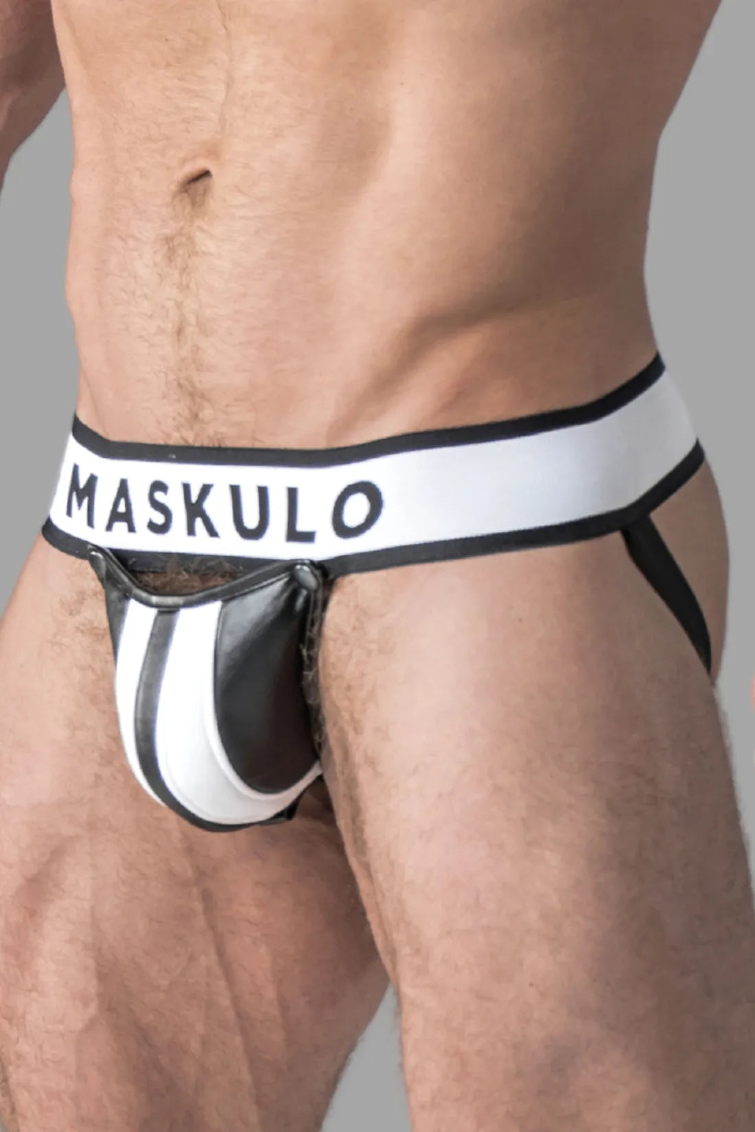 Armored. Jockstrap pour homme. Braguette amovible. Blanc et noir