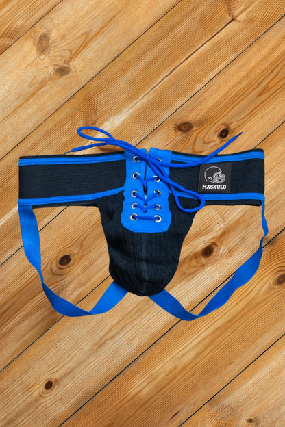 Liam Gridd-Iron, Jockstrap de Football Américain. Noir + Bleu Roi