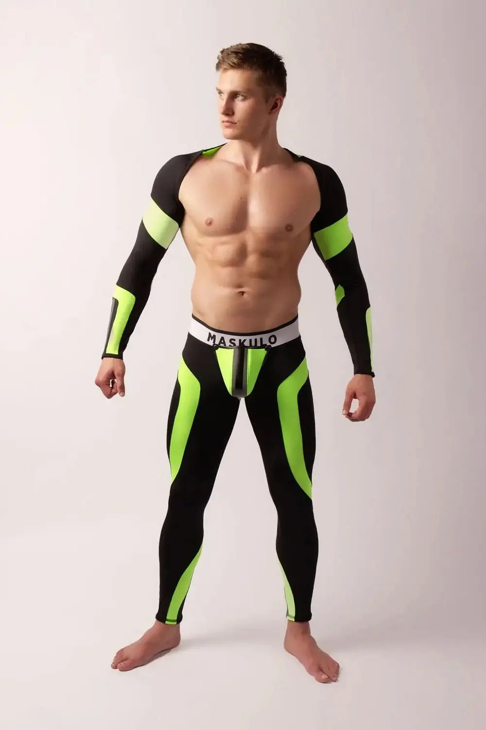 Maskulo Youngero neon green and black crop top long sleeves for men, UV-glowing party top for fitness and clubwear