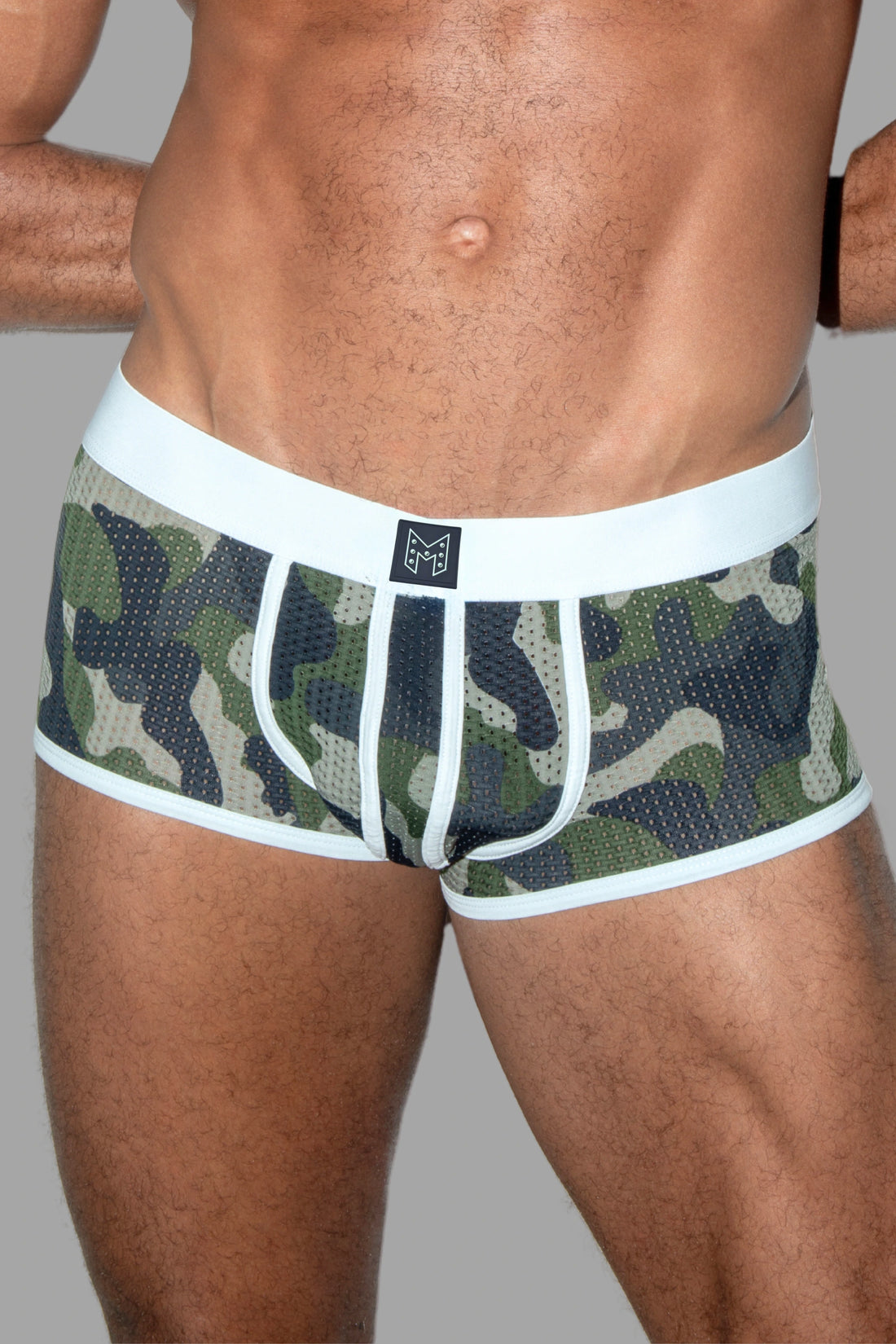 Jim Steelguard Mesh Trunks. Camouflage + White