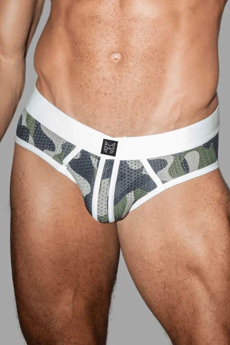 Ian Steelguard Mesh-Briefs. Tarnmuster + Weiß