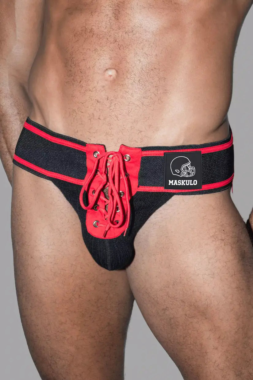 Jett Gridd-Iron, American Football Jockstrap. Schwarz + Rot