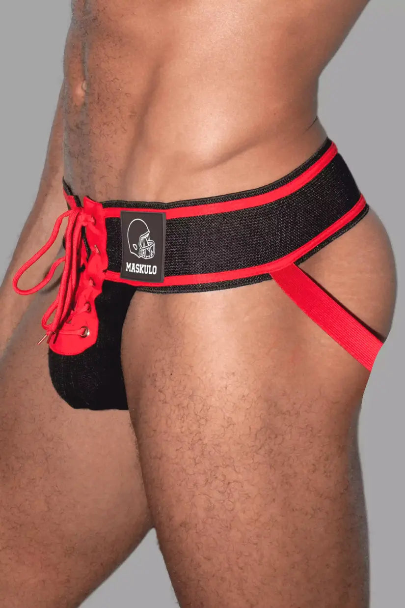 Jett Gridd-Iron, American Football Jockstrap. Schwarz + Rot