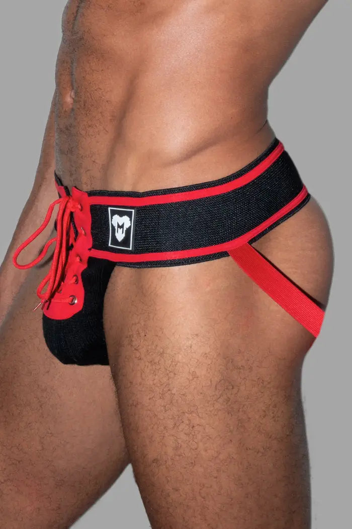 Jett Gridd-Iron, Jockstrap de Fútbol Americano. Negro + Rojo