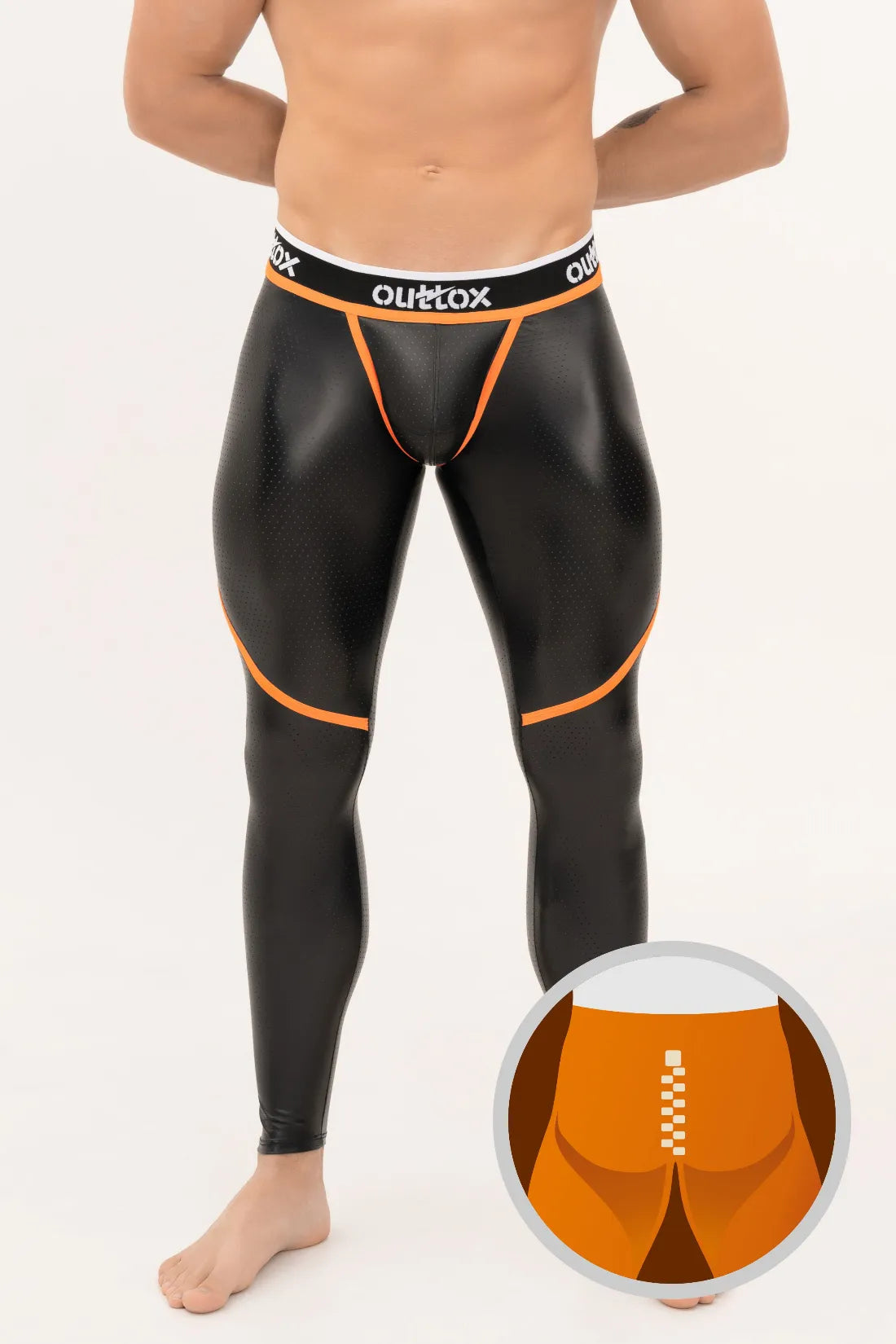 Outtox. Leggings con cremallera trasera y bragueta a presión. Negro+Naranja