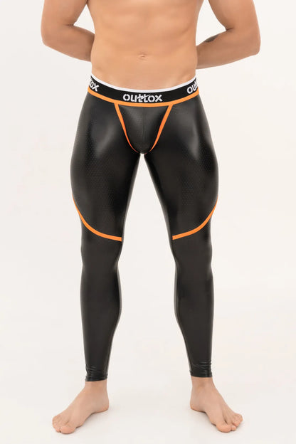 Outtox. Leggings con cremallera trasera y bragueta a presión. Negro+Naranja