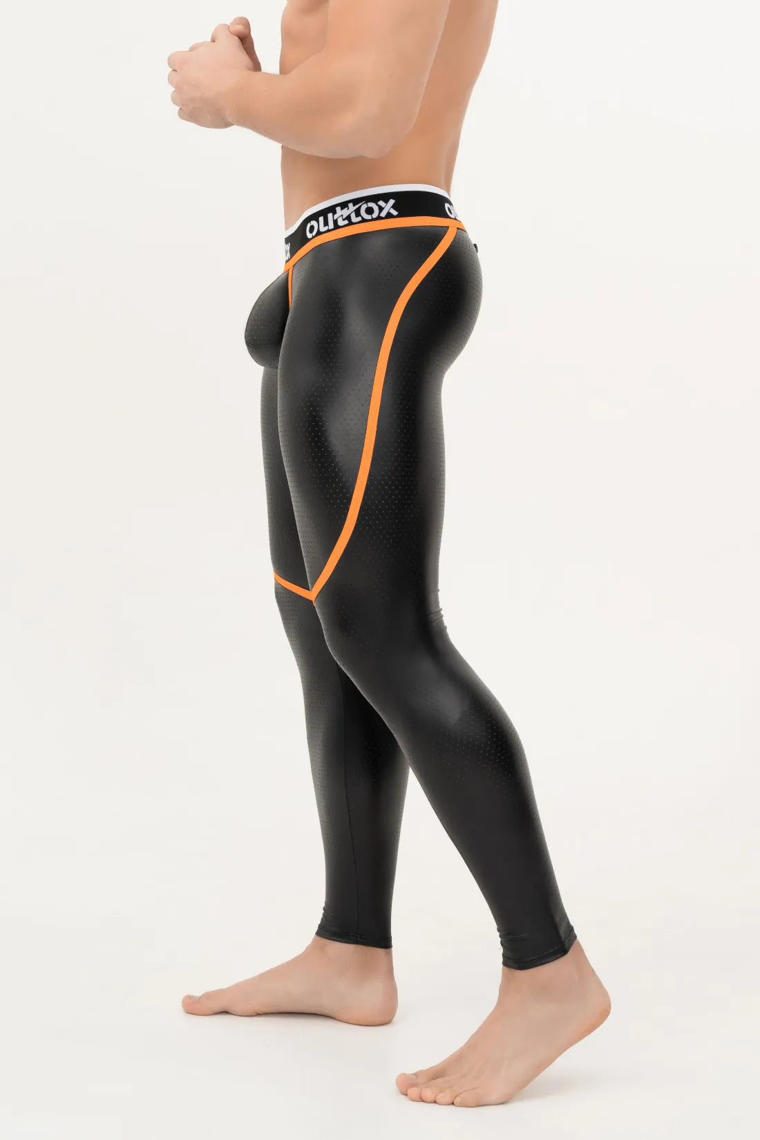 Outtox. Leggings con cremallera trasera y bragueta a presión. Negro+Naranja