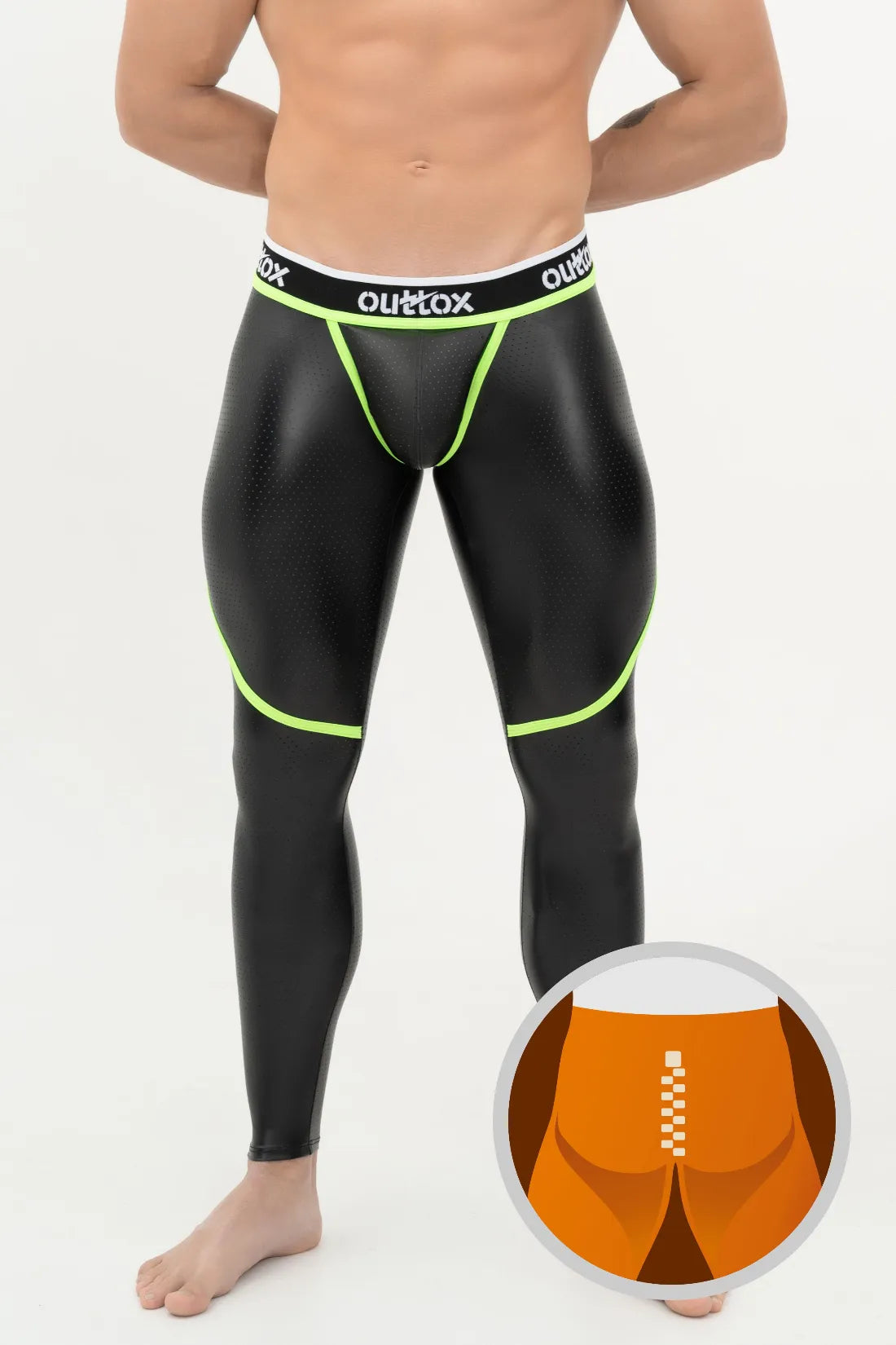 Outtox. Leggings mit Reißverschluss hinten und Druckknopf-Codpiece. Schwarz und Grün „Neon“