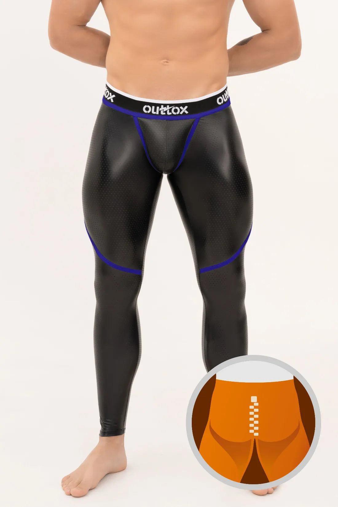 Outtox. Leggings con cremallera trasera y bragueta a presión. Negro+Azul &