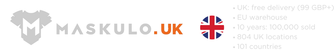 maskulo.uk logo and text in British English about the 99 GBP threshold for free delivery, shipping from the EU stockroom and that for 10 years more than 100 thousand purchases were delivered to 804 towns and cities in the UK and 101 countries of the world