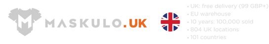 maskulo.uk logo and text in British English about the 99 GBP threshold for free delivery, shipping from the EU stockroom and that for 10 years more than 100 thousand purchases were delivered to 804 towns and cities in the UK and 101 countries of the world