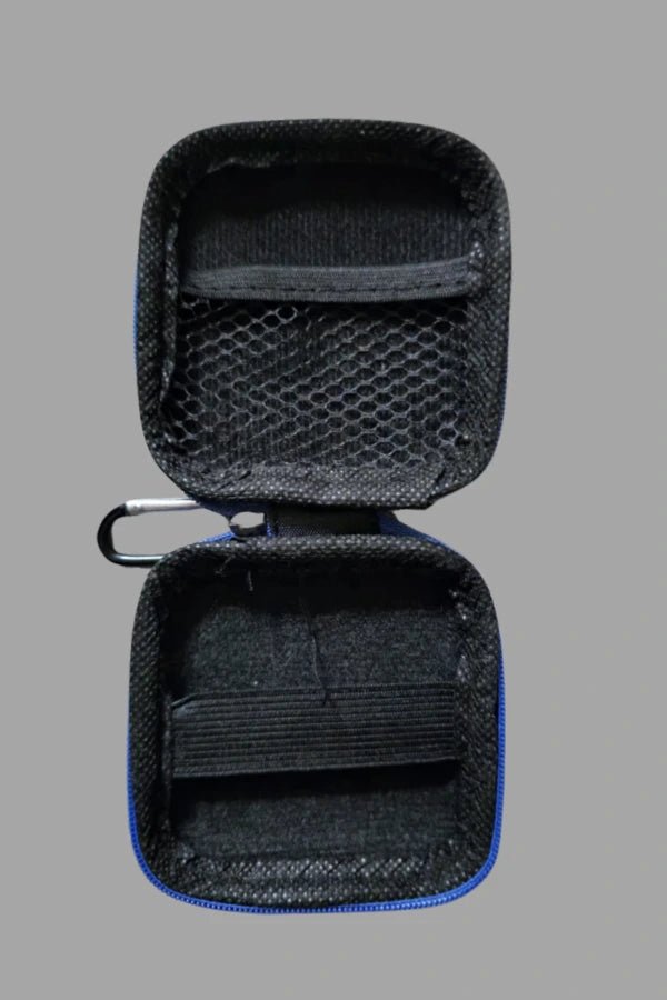 Maskulo Jax Wanderlust mini zip case (MCS105) in black &amp; royal blue leather-look EVA with carabiner. Ideal for storing small essentials, cock rings, or fetish gear.